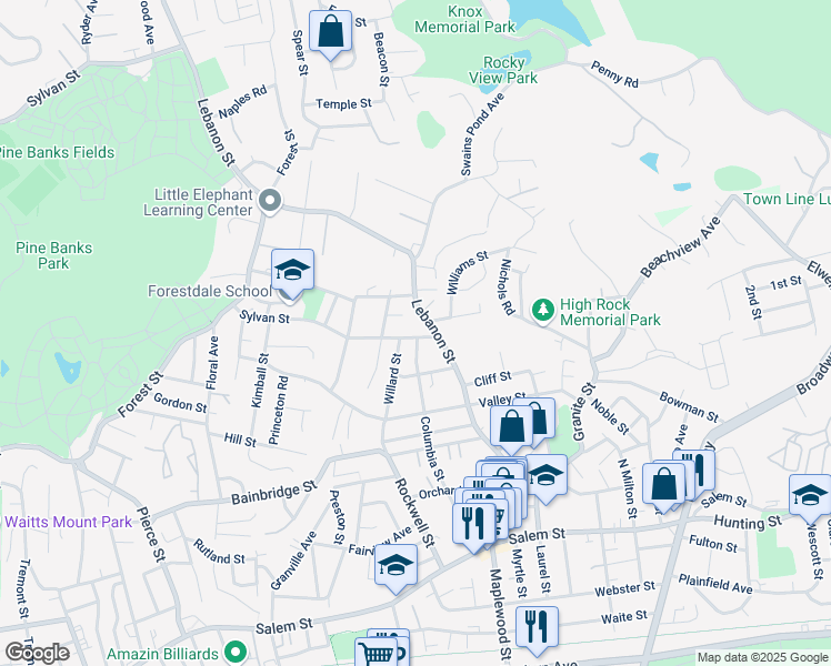 map of restaurants, bars, coffee shops, grocery stores, and more near 202 Sylvan Street in Malden