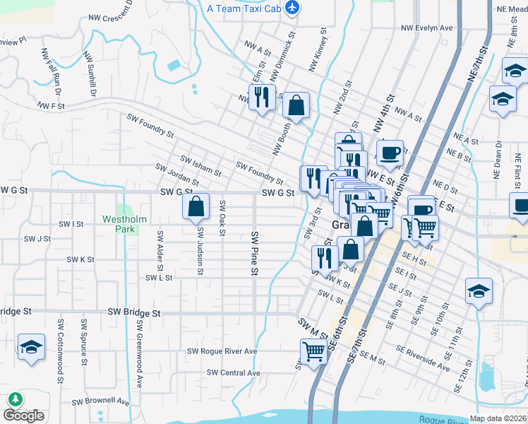 map of restaurants, bars, coffee shops, grocery stores, and more near 473 Southwest H Street in Grants Pass