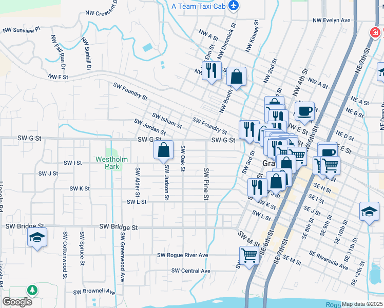 map of restaurants, bars, coffee shops, grocery stores, and more near 725 Southwest H Street in Grants Pass