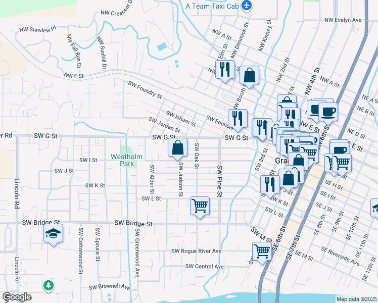 map of restaurants, bars, coffee shops, grocery stores, and more near 913 Southwest H Street in Grants Pass