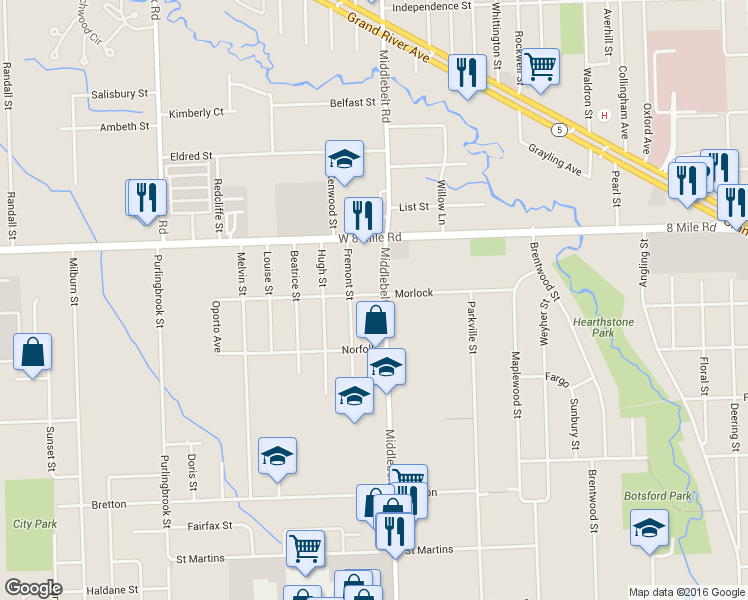 map of restaurants, bars, coffee shops, grocery stores, and more near 20385 Middlebelt Road in Livonia