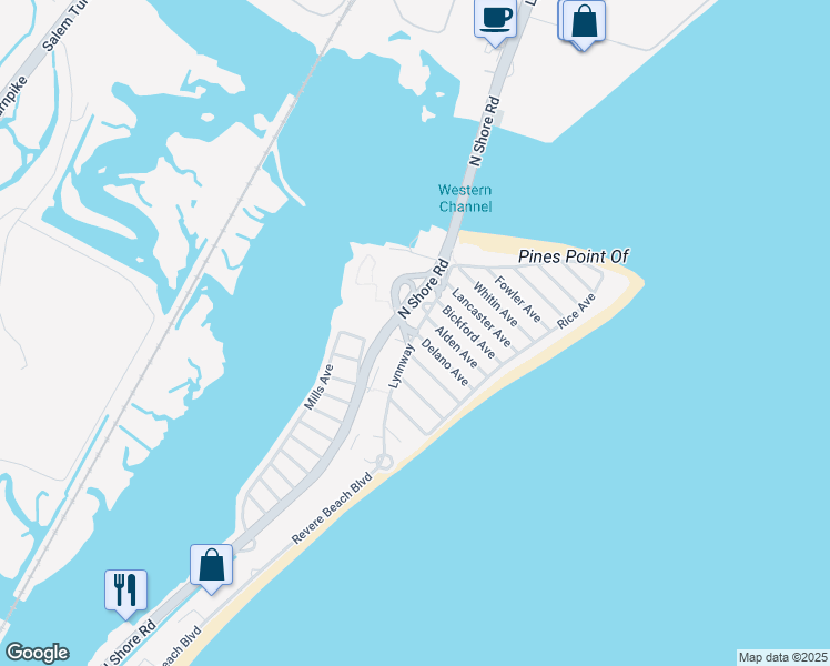 map of restaurants, bars, coffee shops, grocery stores, and more near Lynnway in Revere