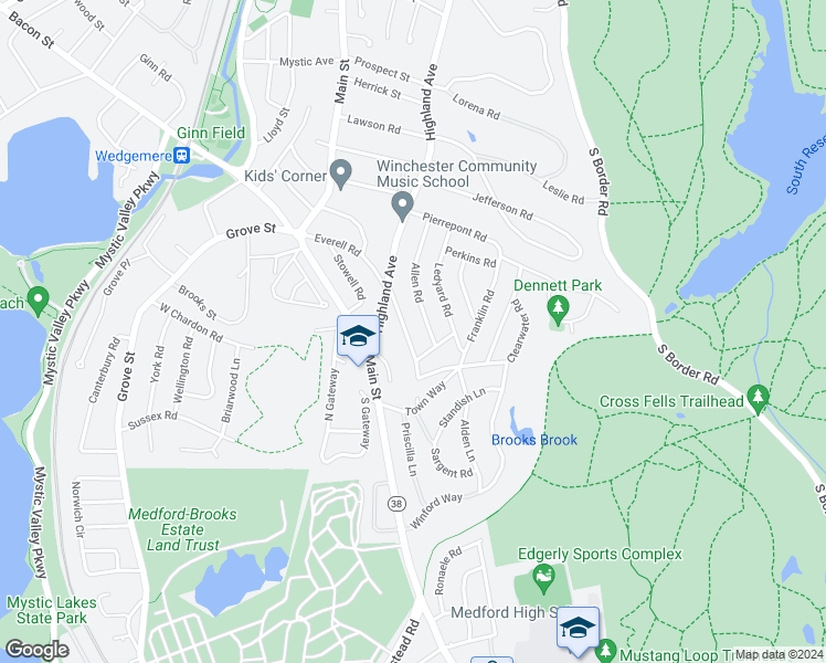 map of restaurants, bars, coffee shops, grocery stores, and more near 24 Sargent Rd in Winchester