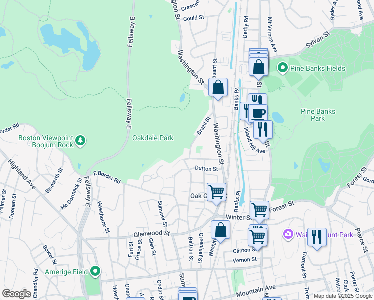 map of restaurants, bars, coffee shops, grocery stores, and more near 18 Elliott Street in Malden