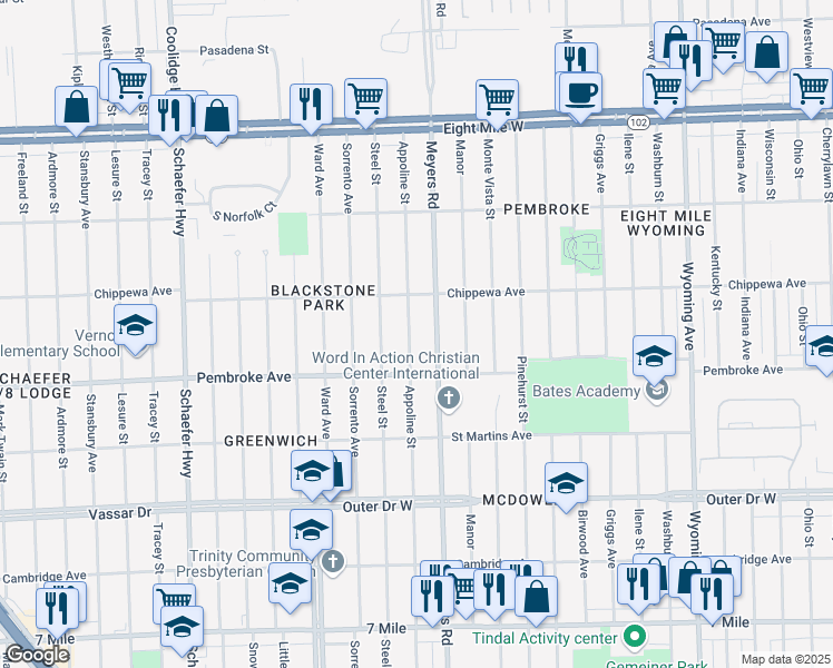 map of restaurants, bars, coffee shops, grocery stores, and more near 19974 Appoline Street in Detroit