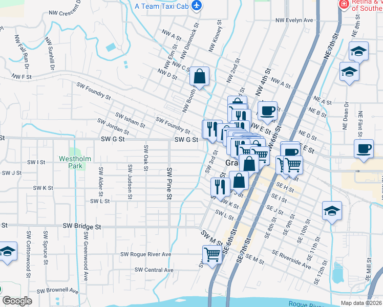 map of restaurants, bars, coffee shops, grocery stores, and more near 443 Southwest H Street in Grants Pass