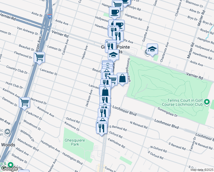 map of restaurants, bars, coffee shops, grocery stores, and more near 20439 Mack Avenue in Grosse Pointe Woods
