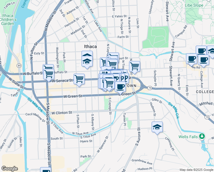 map of restaurants, bars, coffee shops, grocery stores, and more near 108 West State Street in Ithaca