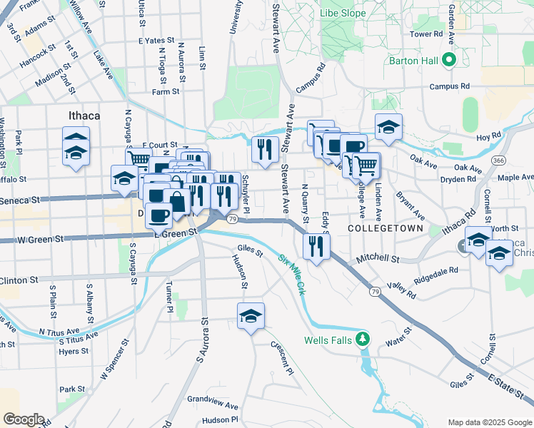 map of restaurants, bars, coffee shops, grocery stores, and more near 103 Sage Place in Ithaca