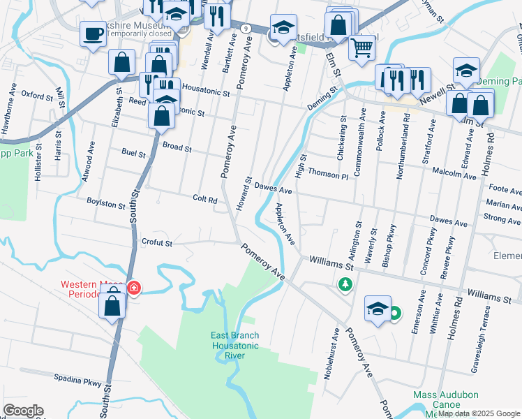 map of restaurants, bars, coffee shops, grocery stores, and more near 4 Curtis St in Pittsfield
