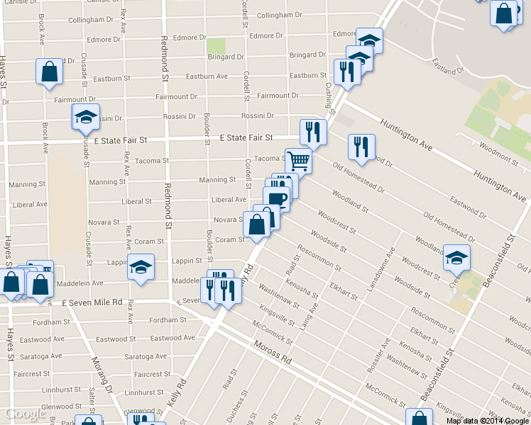 map of restaurants, bars, coffee shops, grocery stores, and more near 16435 Novara St in Detroit