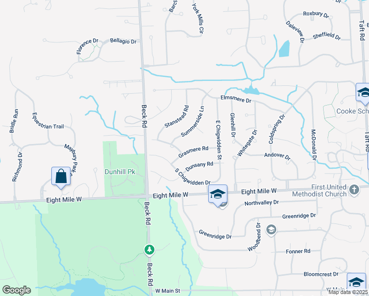 map of restaurants, bars, coffee shops, grocery stores, and more near 47100 Grasmere Road in Northville