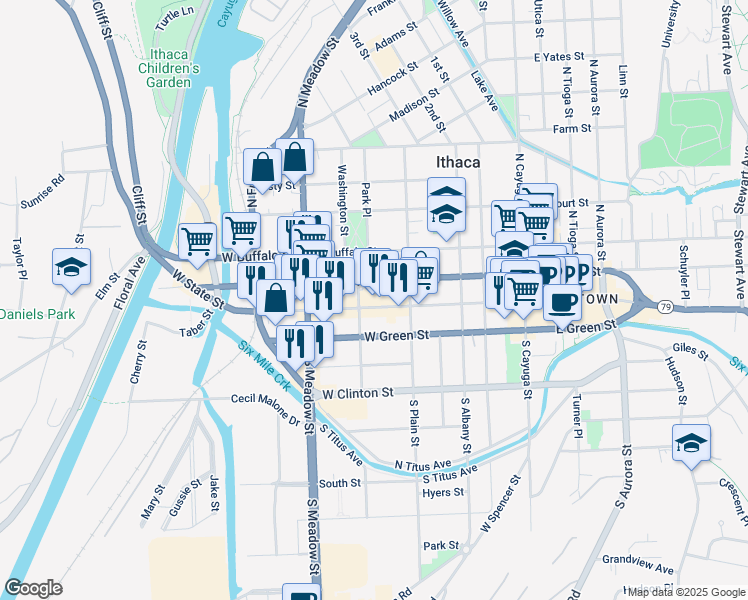 map of restaurants, bars, coffee shops, grocery stores, and more near 436 West State Street in Ithaca