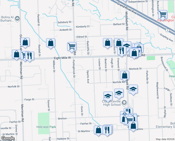 map of restaurants, bars, coffee shops, grocery stores, and more near 31200 Morlock in Livonia