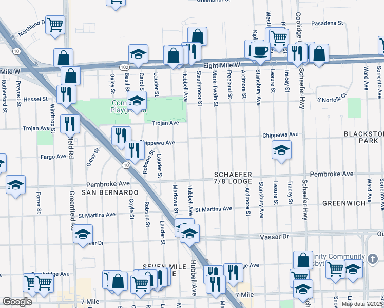 map of restaurants, bars, coffee shops, grocery stores, and more near 20006 Hubbell Avenue in Detroit