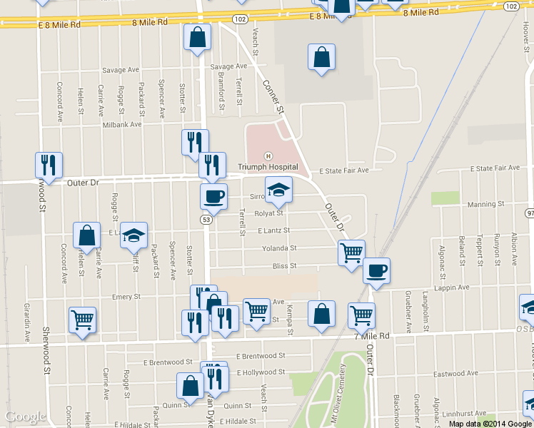 map of restaurants, bars, coffee shops, grocery stores, and more near 8210 Rolyat Avenue in Detroit