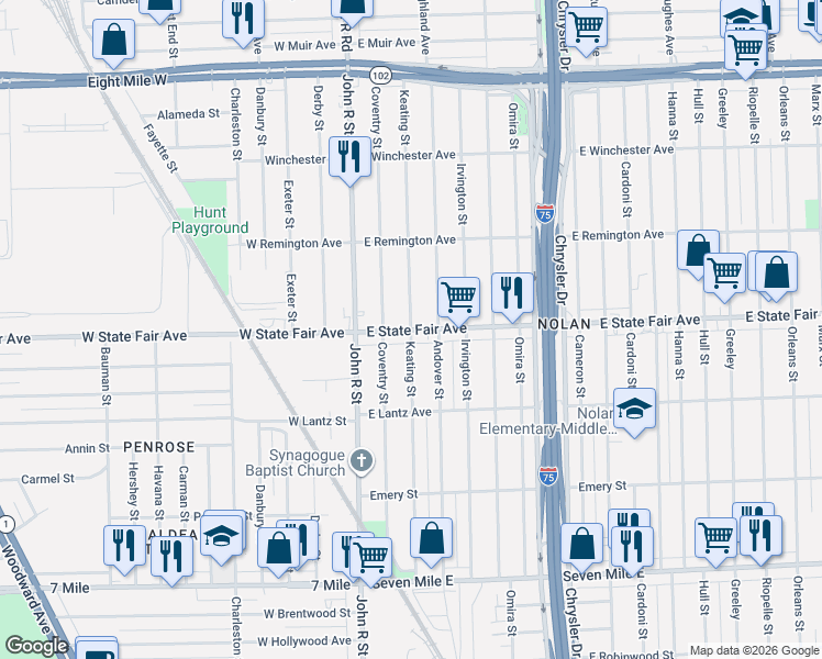 map of restaurants, bars, coffee shops, grocery stores, and more near Keating Street in Detroit