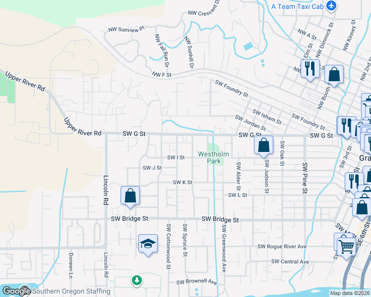 map of restaurants, bars, coffee shops, grocery stores, and more near 222 Southwest Westholm Avenue in Grants Pass