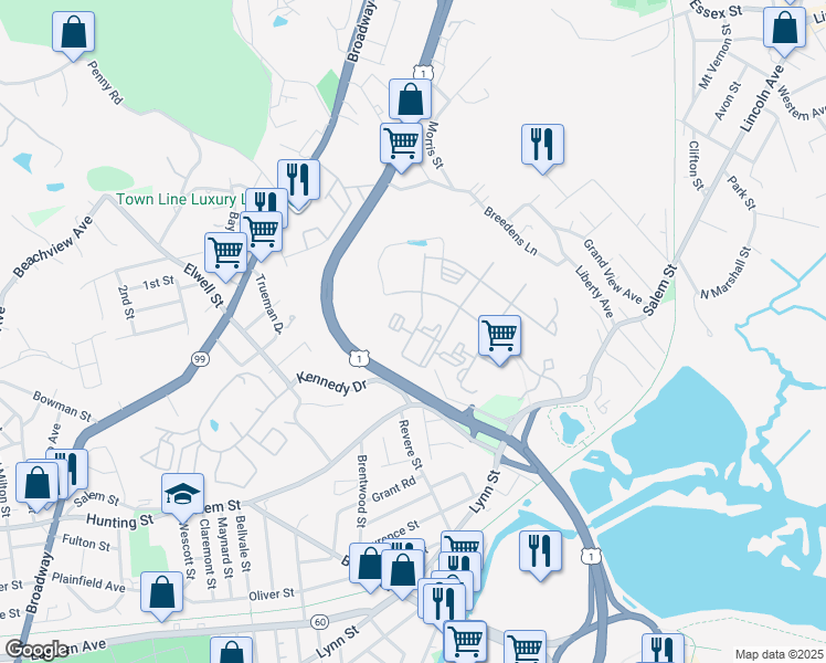 map of restaurants, bars, coffee shops, grocery stores, and more near 16 Quarry Lane in Malden