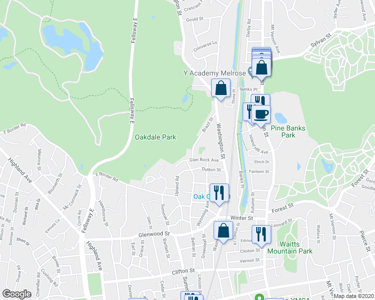 map of restaurants, bars, coffee shops, grocery stores, and more near 18 Elliott Street in Malden