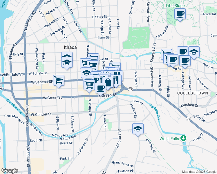 map of restaurants, bars, coffee shops, grocery stores, and more near 215 East State Street in Ithaca
