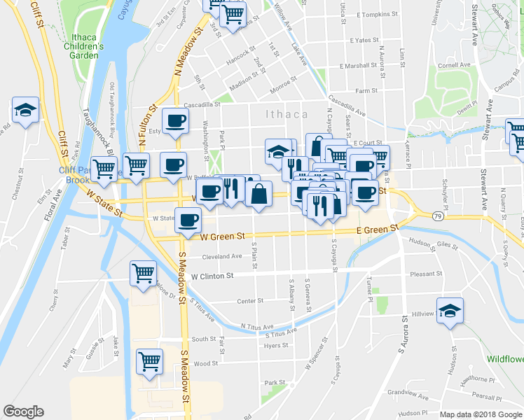 map of restaurants, bars, coffee shops, grocery stores, and more near 322 West State Street in Ithaca