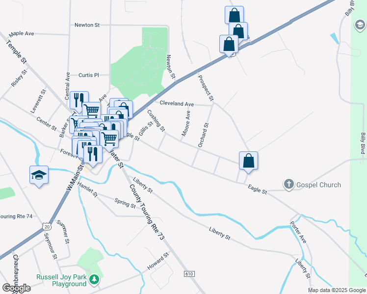 map of restaurants, bars, coffee shops, grocery stores, and more near 71 Cushing St in Fredonia
