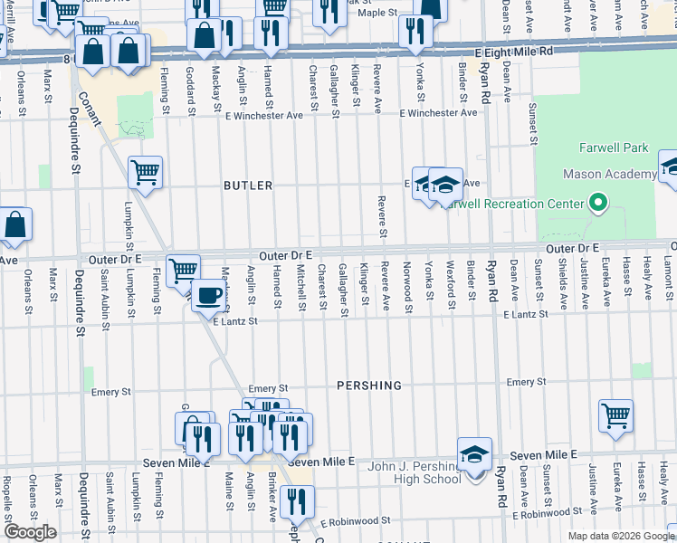 map of restaurants, bars, coffee shops, grocery stores, and more near 19714 Charest Street in Detroit