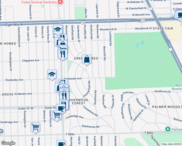 map of restaurants, bars, coffee shops, grocery stores, and more near 19930 Stratford Road in Detroit