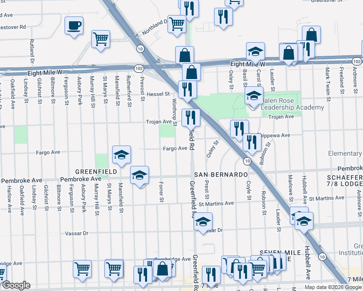 map of restaurants, bars, coffee shops, grocery stores, and more near 20001 Greenfield Road in Detroit