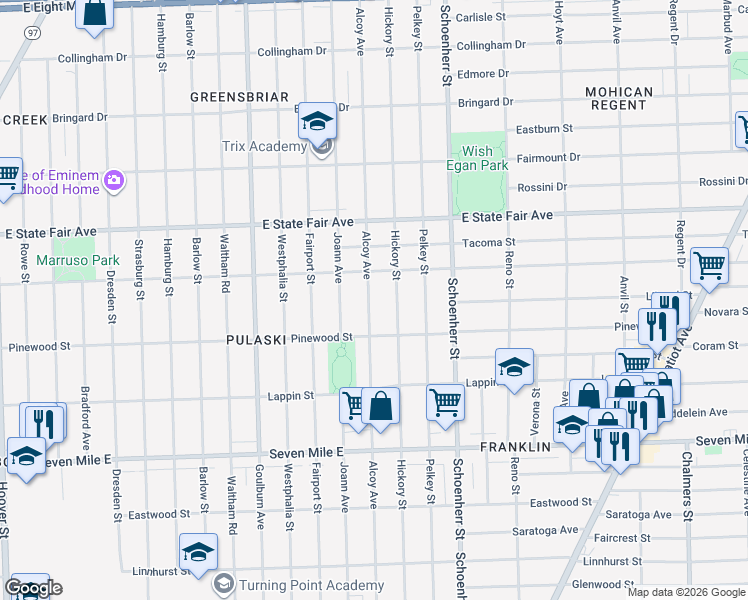 map of restaurants, bars, coffee shops, grocery stores, and more near 19566 Alcoy Avenue in Detroit