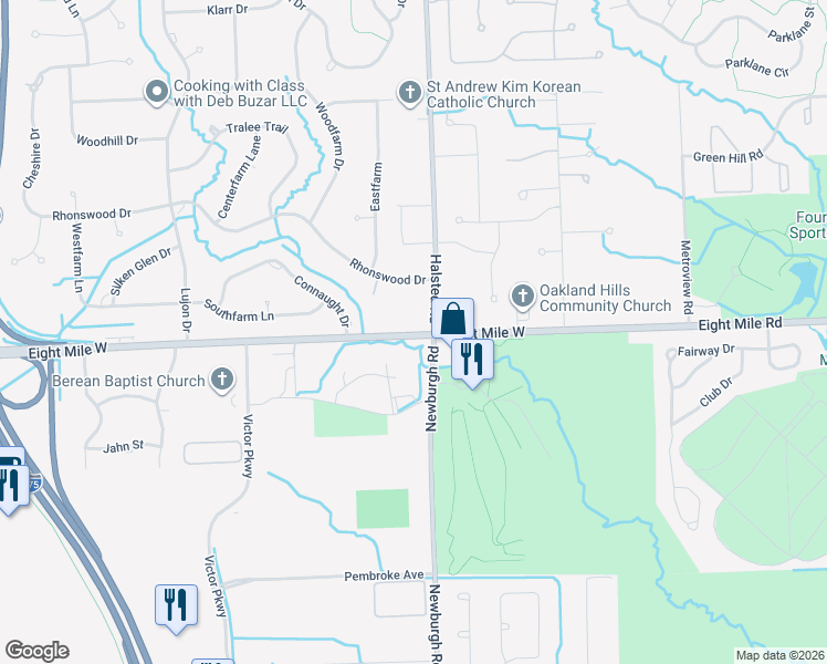 map of restaurants, bars, coffee shops, grocery stores, and more near 744 Eight Mile Road in Livonia