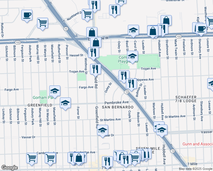 map of restaurants, bars, coffee shops, grocery stores, and more near 20034 Prest St in Detroit