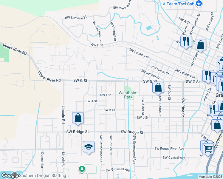 map of restaurants, bars, coffee shops, grocery stores, and more near 222 Southwest Westholm Avenue in Grants Pass