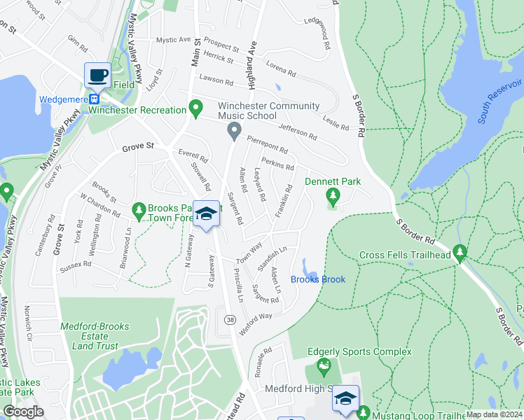 map of restaurants, bars, coffee shops, grocery stores, and more near 16 Sherwood Road in Winchester