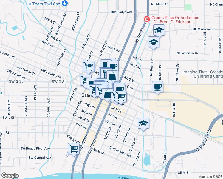 map of restaurants, bars, coffee shops, grocery stores, and more near 117 Northeast F Street in Grants Pass