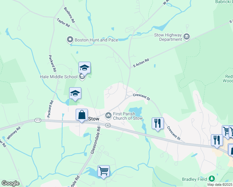 map of restaurants, bars, coffee shops, grocery stores, and more near 3 Warren Road in Stow