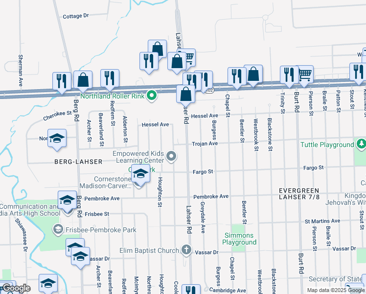 map of restaurants, bars, coffee shops, grocery stores, and more near 20113 Lahser Rd in Detroit