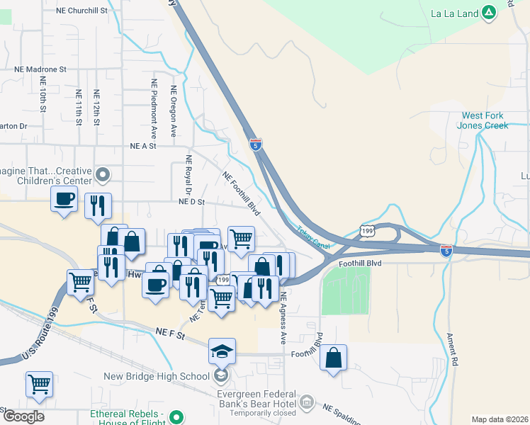 map of restaurants, bars, coffee shops, grocery stores, and more near 1840 Northeast Foothill Boulevard in Grants Pass