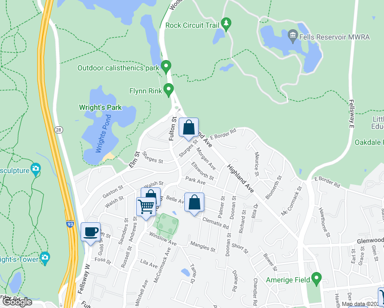 map of restaurants, bars, coffee shops, grocery stores, and more near 272 Gaston Street in Medford