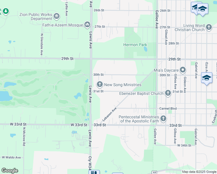 map of restaurants, bars, coffee shops, grocery stores, and more near 2904 31st Street in Zion
