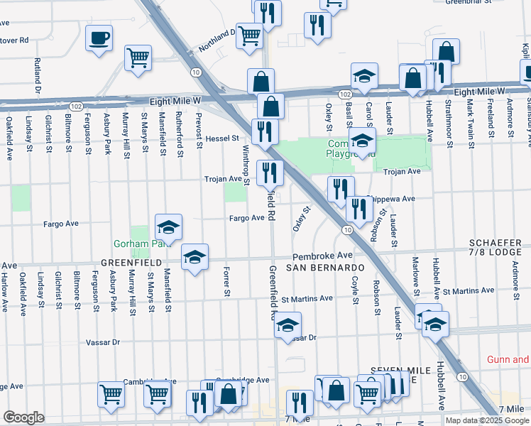 map of restaurants, bars, coffee shops, grocery stores, and more near 20001 Greenfield Road in Detroit
