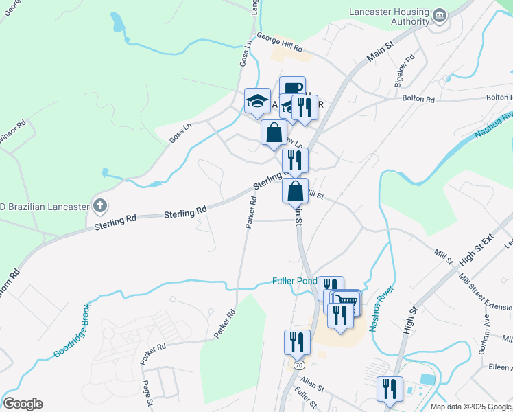 map of restaurants, bars, coffee shops, grocery stores, and more near 30 Parker Road in Lancaster