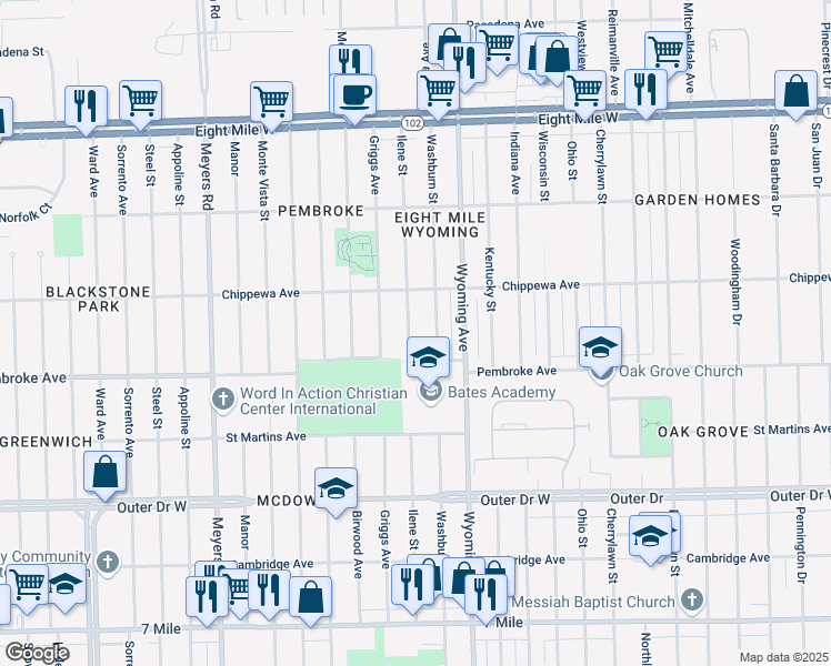 map of restaurants, bars, coffee shops, grocery stores, and more near 19974 Ilene Street in Detroit