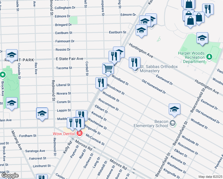 map of restaurants, bars, coffee shops, grocery stores, and more near 18590 Woodcrest Street in Harper Woods