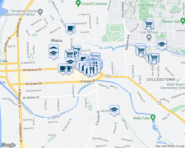 map of restaurants, bars, coffee shops, grocery stores, and more near East State Street & South Aurora Street in Ithaca