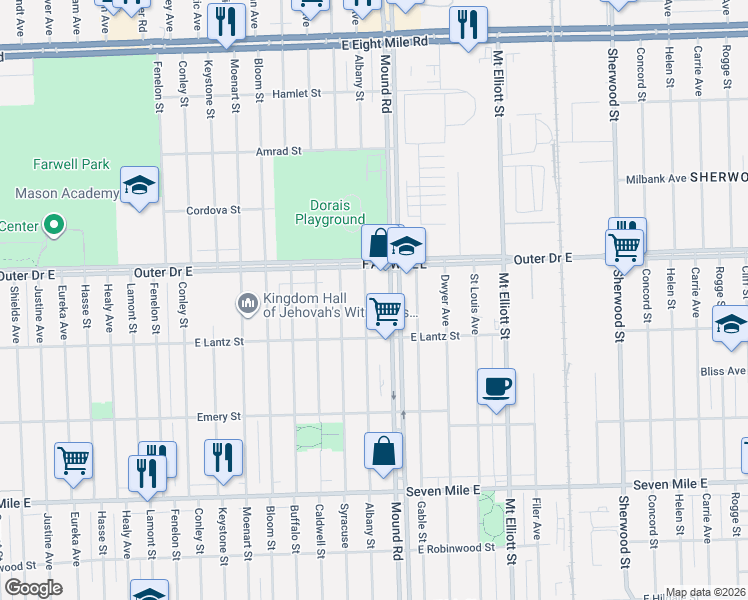 map of restaurants, bars, coffee shops, grocery stores, and more near 19655 Mound Road in Detroit