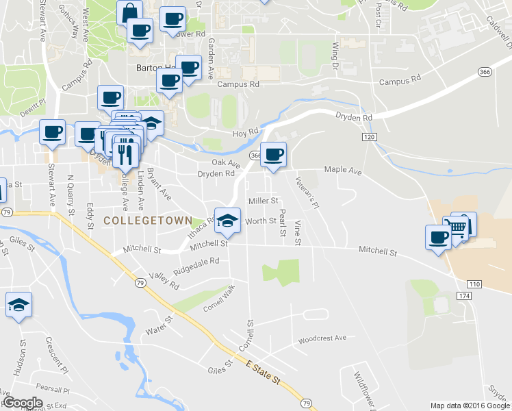 map of restaurants, bars, coffee shops, grocery stores, and more near 105 Miller Street in Ithaca