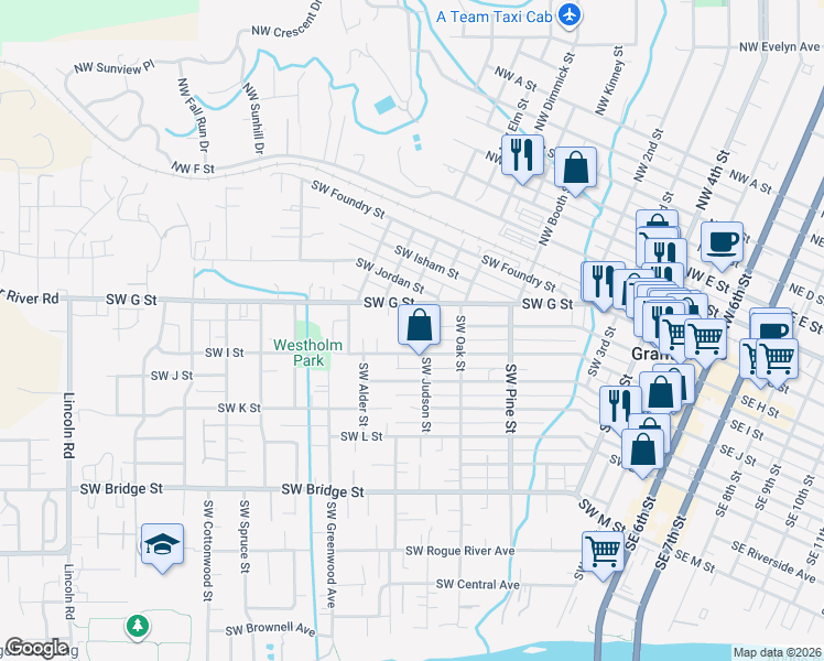 map of restaurants, bars, coffee shops, grocery stores, and more near 941 Southwest H Street in Grants Pass