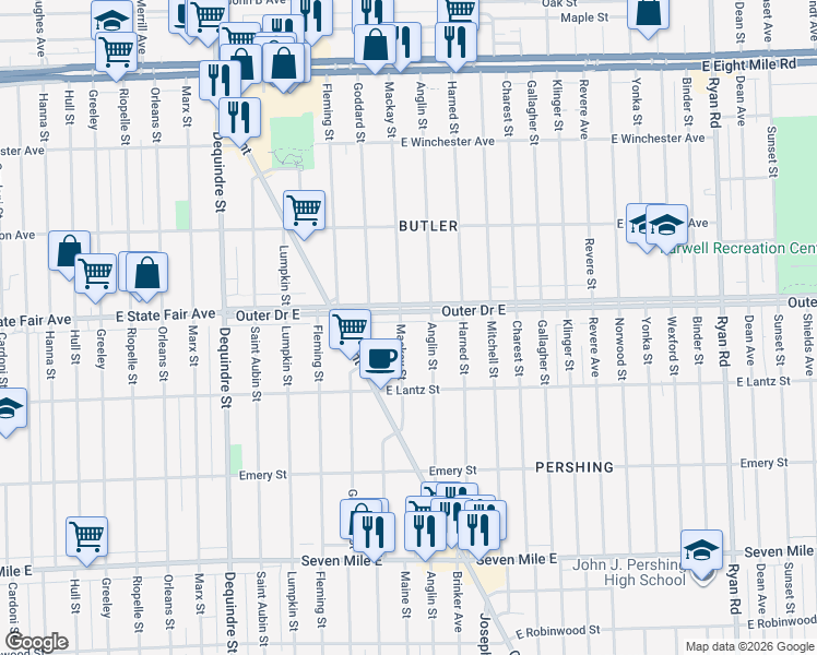 map of restaurants, bars, coffee shops, grocery stores, and more near 19714 Mackay Street in Detroit